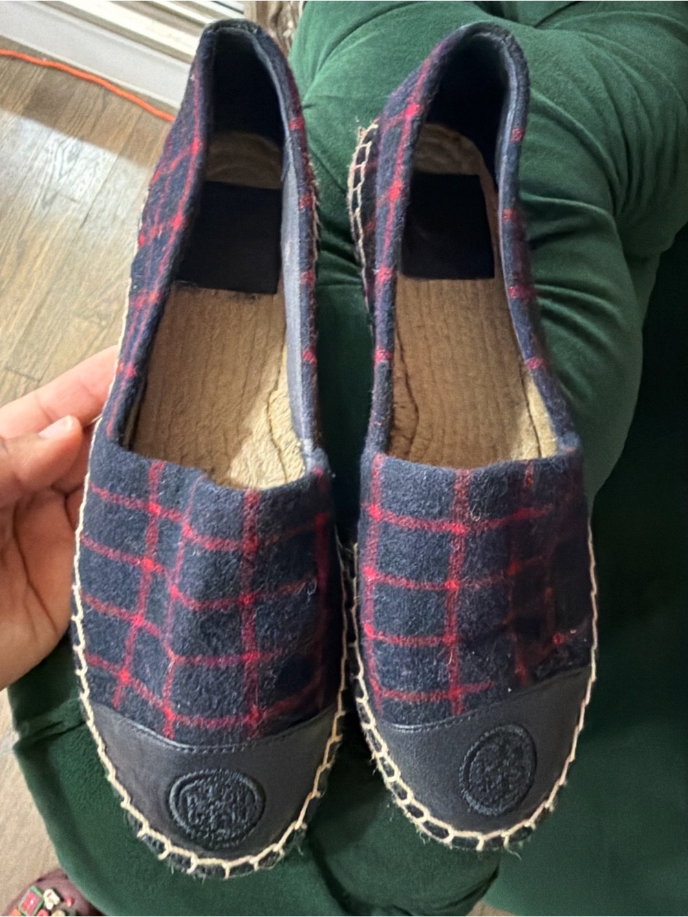Tory Burch Navy and Red Plaid Slip-On Espadrilles